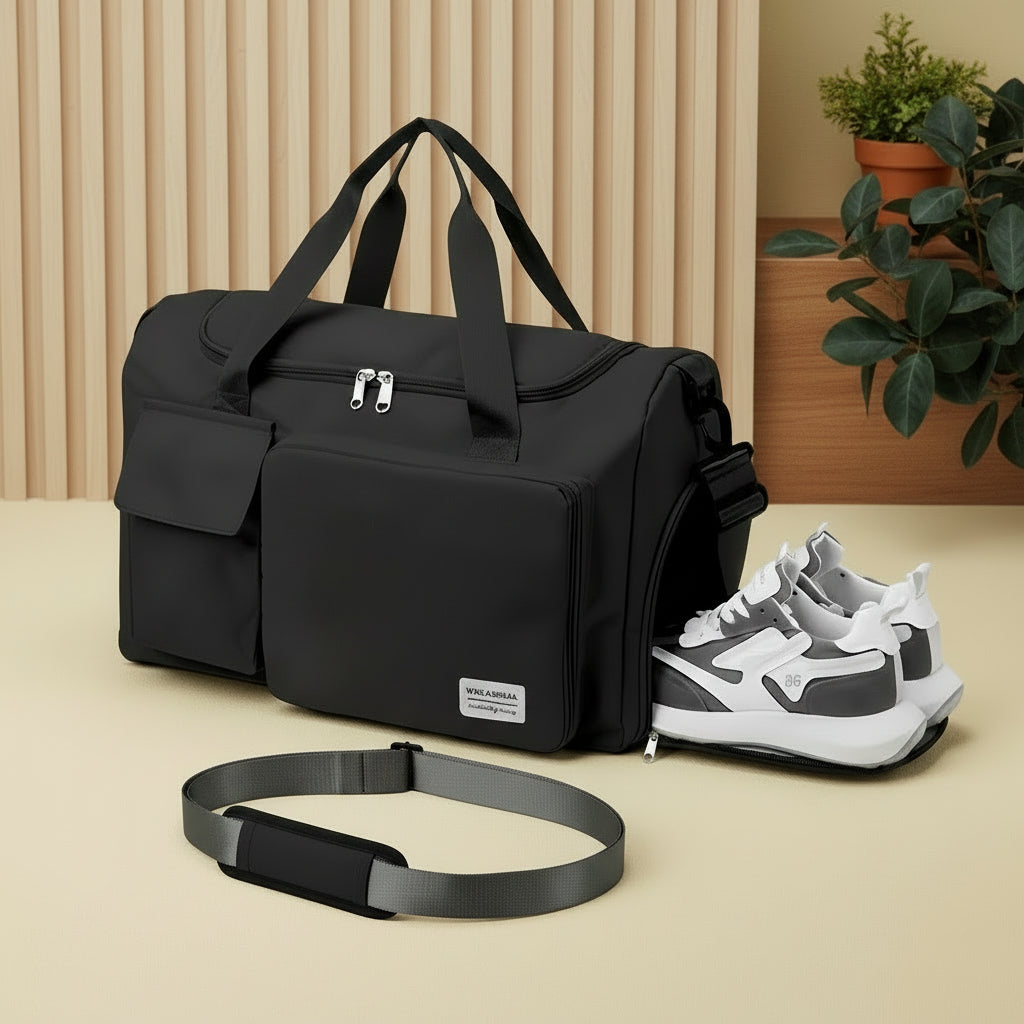 Travel Duffel Bag with Shoes Compartment Sports Gym Bag for Men and Women, Weekender Bag Training Handbag Yoga Bag - Black