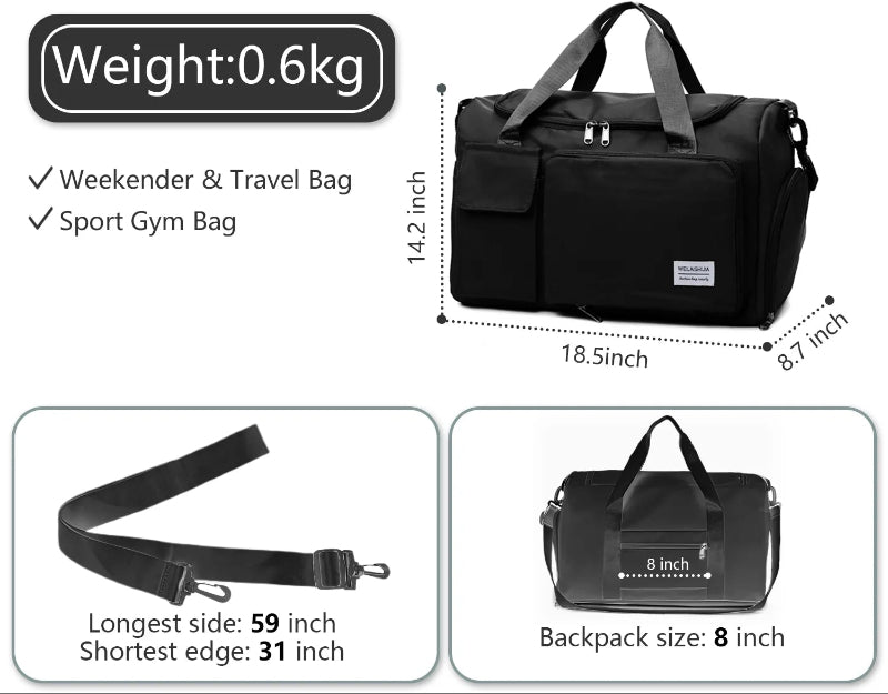 Travel Duffel Bag with Shoes Compartment Sports Gym Bag for Men and Women, Weekender Bag Training Handbag Yoga Bag - Black