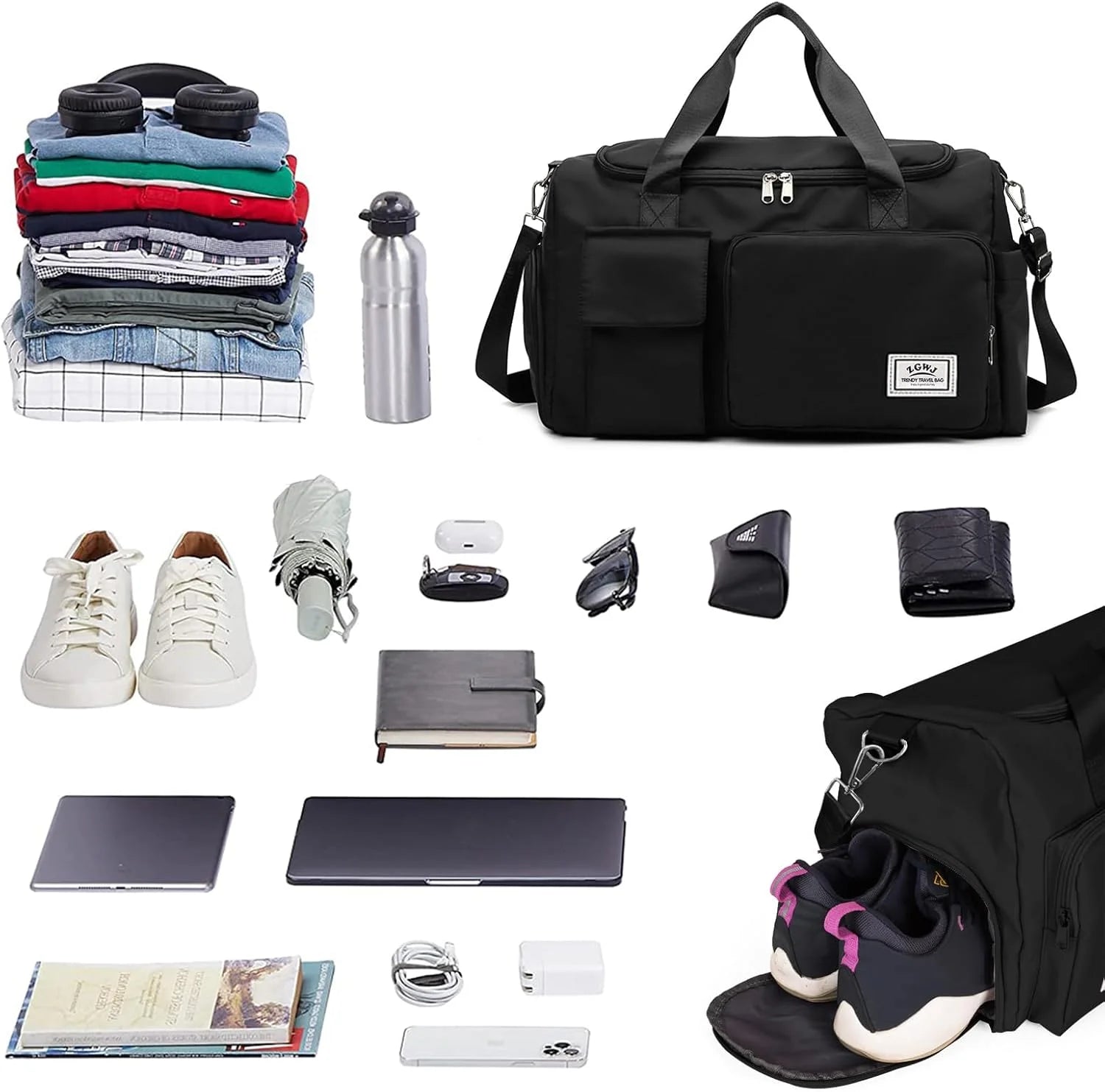 Travel Duffel Bag with Shoes Compartment Sports Gym Bag for Men and Women, Weekender Bag Training Handbag Yoga Bag - Black
